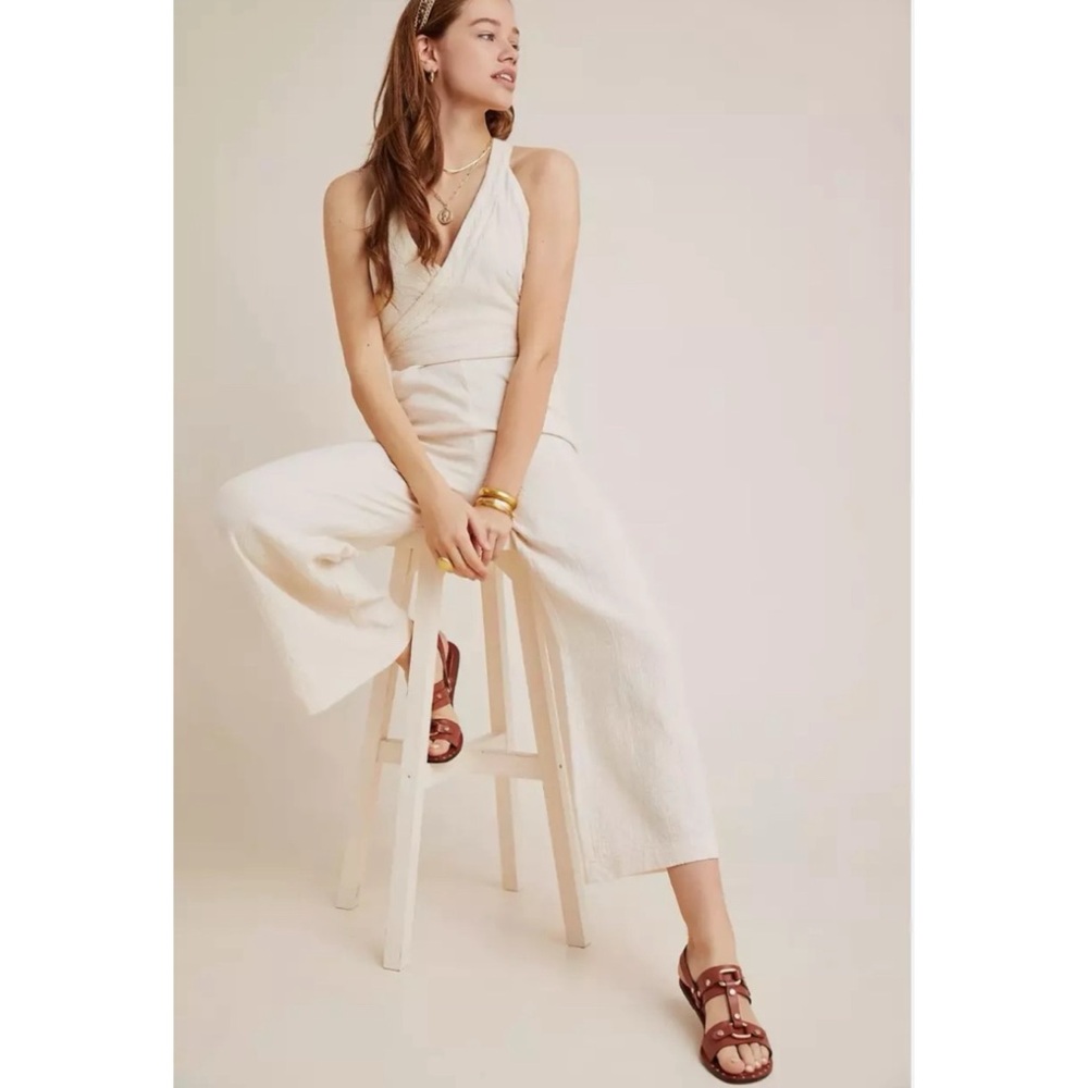 Anthropologie Surplice Demi Textured Jumpsuit Gauze Cream Size 4
